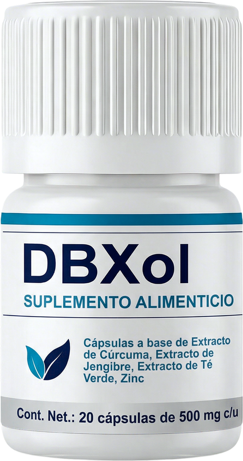 Imagen del frasco de DBXol que publica la marca: 20 cápsulas de 500 mg con cúrcuma, jengibre, té verde y zinc