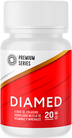 Frasco de Diamed Premium Series, suplemento alimenticio de 20 cápsulas con etiqueta roja