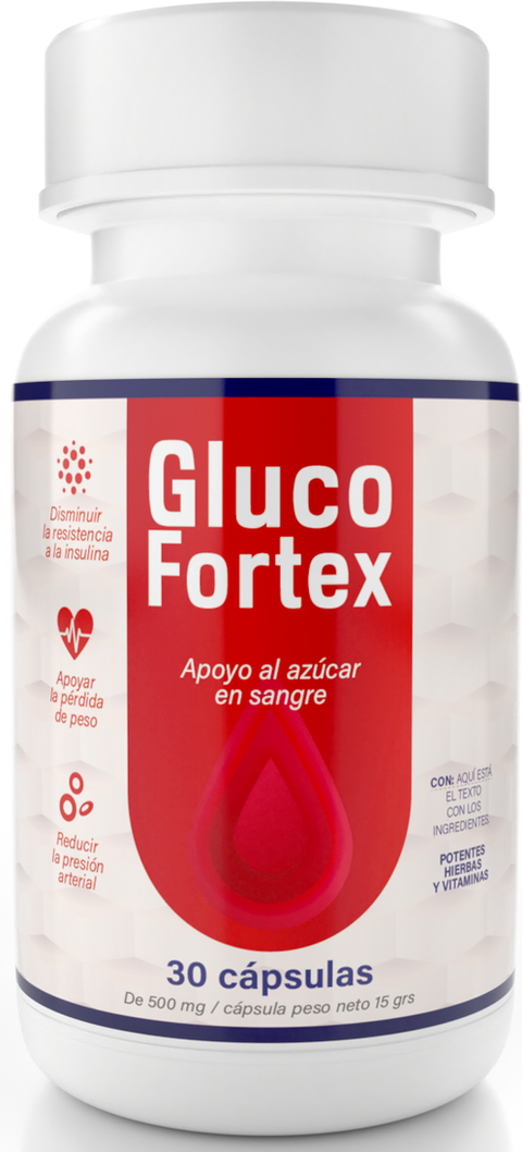 Imagen 3D del frasco de GlucoFortex publicada por la marca: frasco blanco con franja roja, suplemento alimenticio de 30 cápsulas